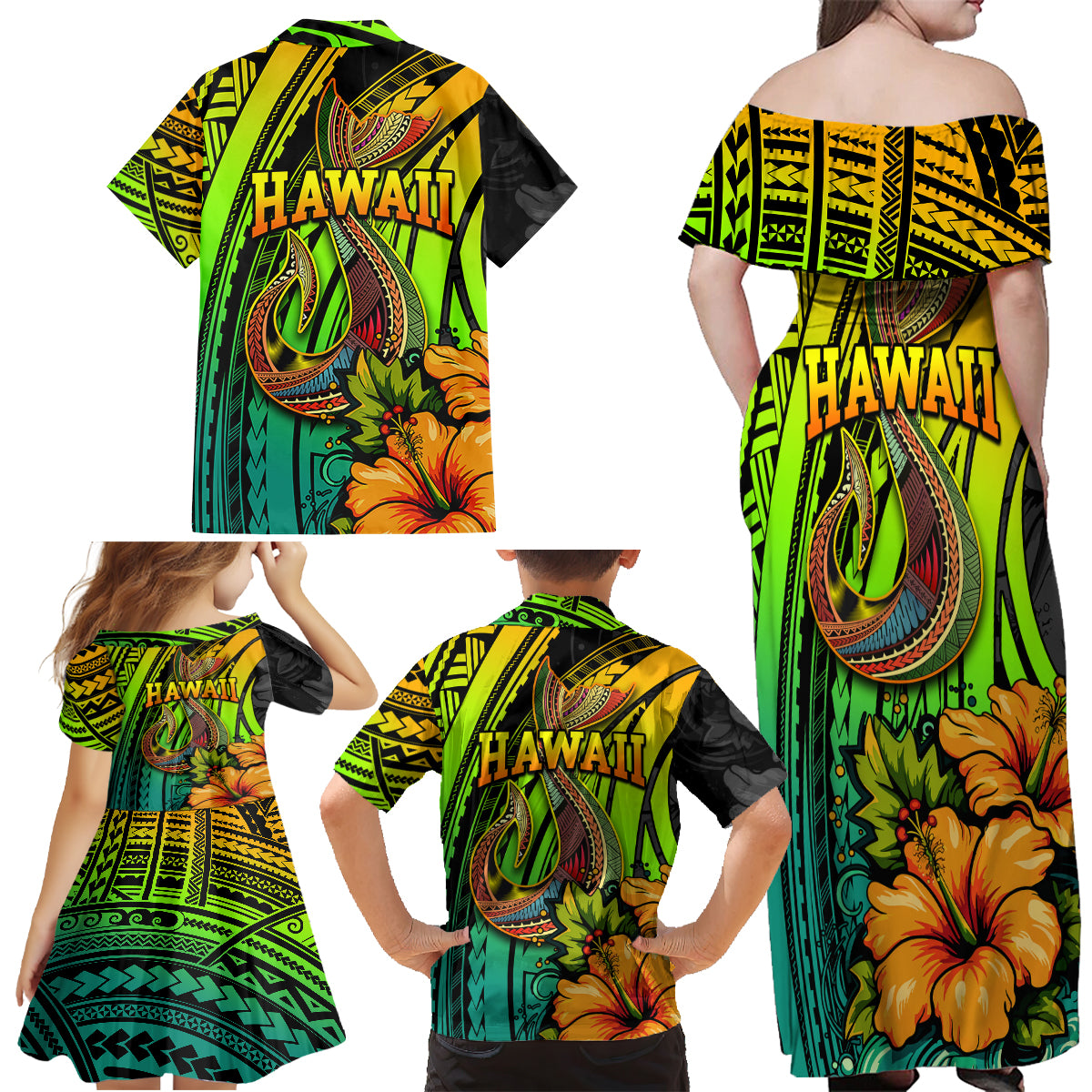 Hawaii Family Matching Off Shoulder Maxi Dress and Hawaiian Shirt Polynesian Fish Hook and Hibiscus Flowers with Gradient Pattern TS04 - Polynesian Pride