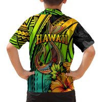 Hawaii Family Matching Off Shoulder Short Dress and Hawaiian Shirt Polynesian Fish Hook and Hibiscus Flowers with Gradient Pattern TS04 - Polynesian Pride