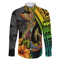 Hawaii Family Matching Off Shoulder Short Dress and Hawaiian Shirt Polynesian Fish Hook and Hibiscus Flowers with Gradient Pattern TS04 Dad's Shirt - Long Sleeve Multicolor - Polynesian Pride