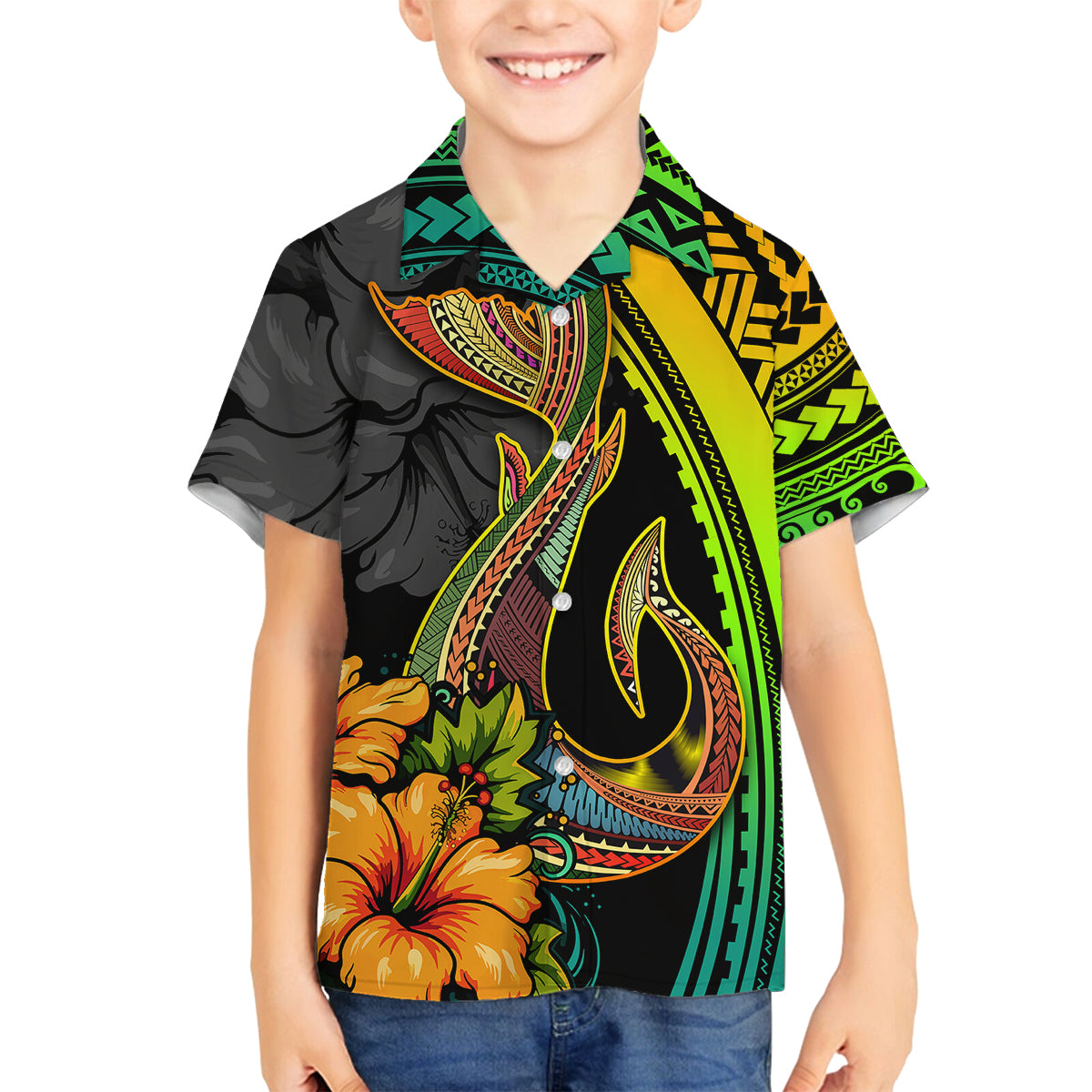 Hawaii Family Matching Off Shoulder Short Dress and Hawaiian Shirt Polynesian Fish Hook and Hibiscus Flowers with Gradient Pattern TS04 Son's Shirt Multicolor - Polynesian Pride