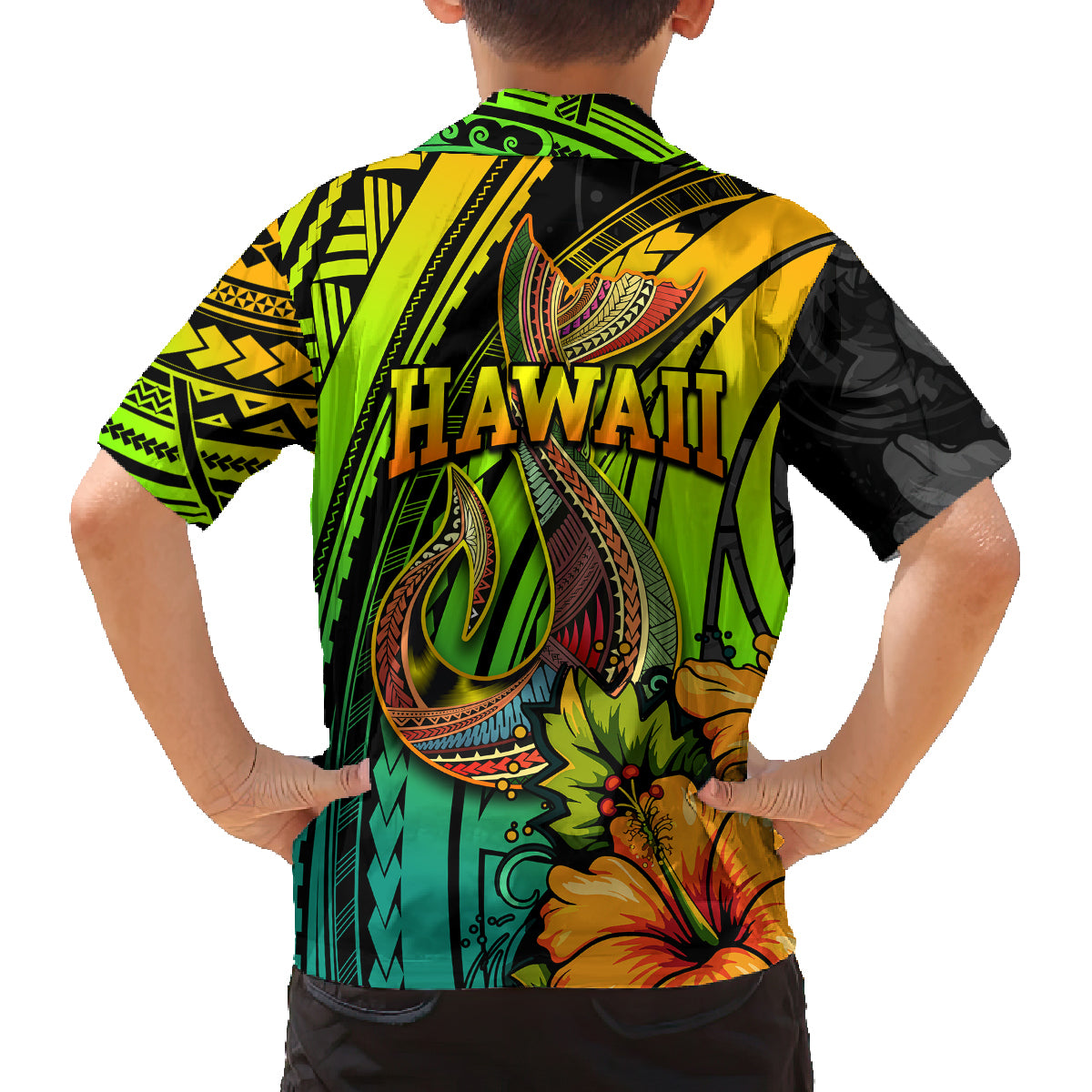 Hawaii Family Matching Puletasi Dress and Hawaiian Shirt Polynesian Fish Hook and Hibiscus Flowers with Gradient Pattern TS04 - Polynesian Pride