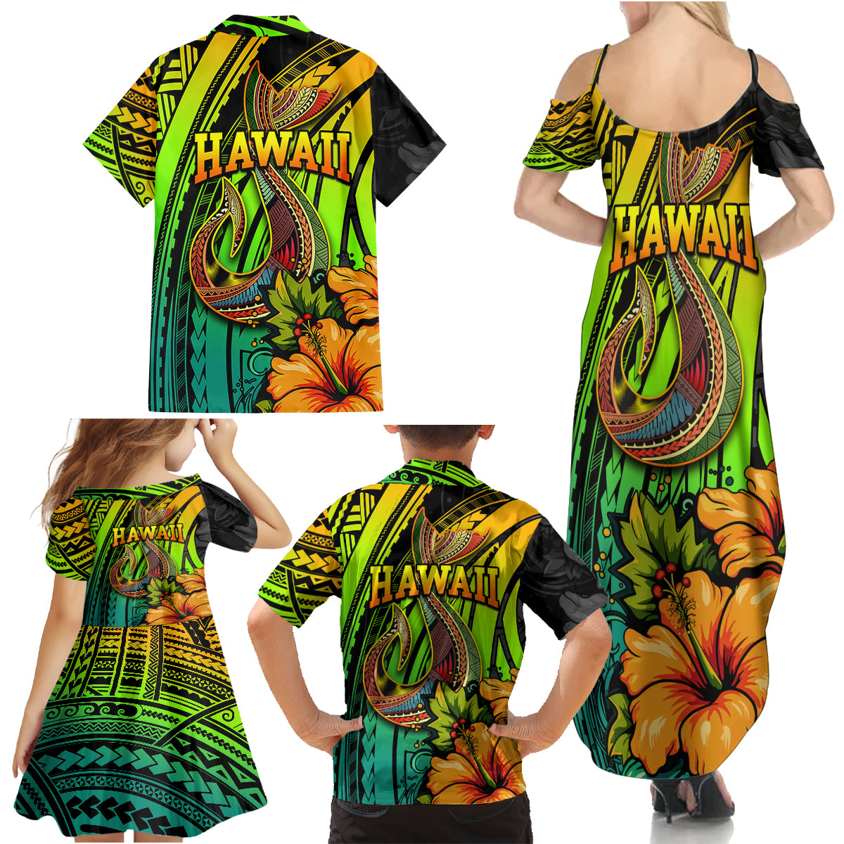 Hawaii Family Matching Summer Maxi Dress and Hawaiian Shirt Polynesian Fish Hook and Hibiscus Flowers with Gradient Pattern TS04 - Polynesian Pride