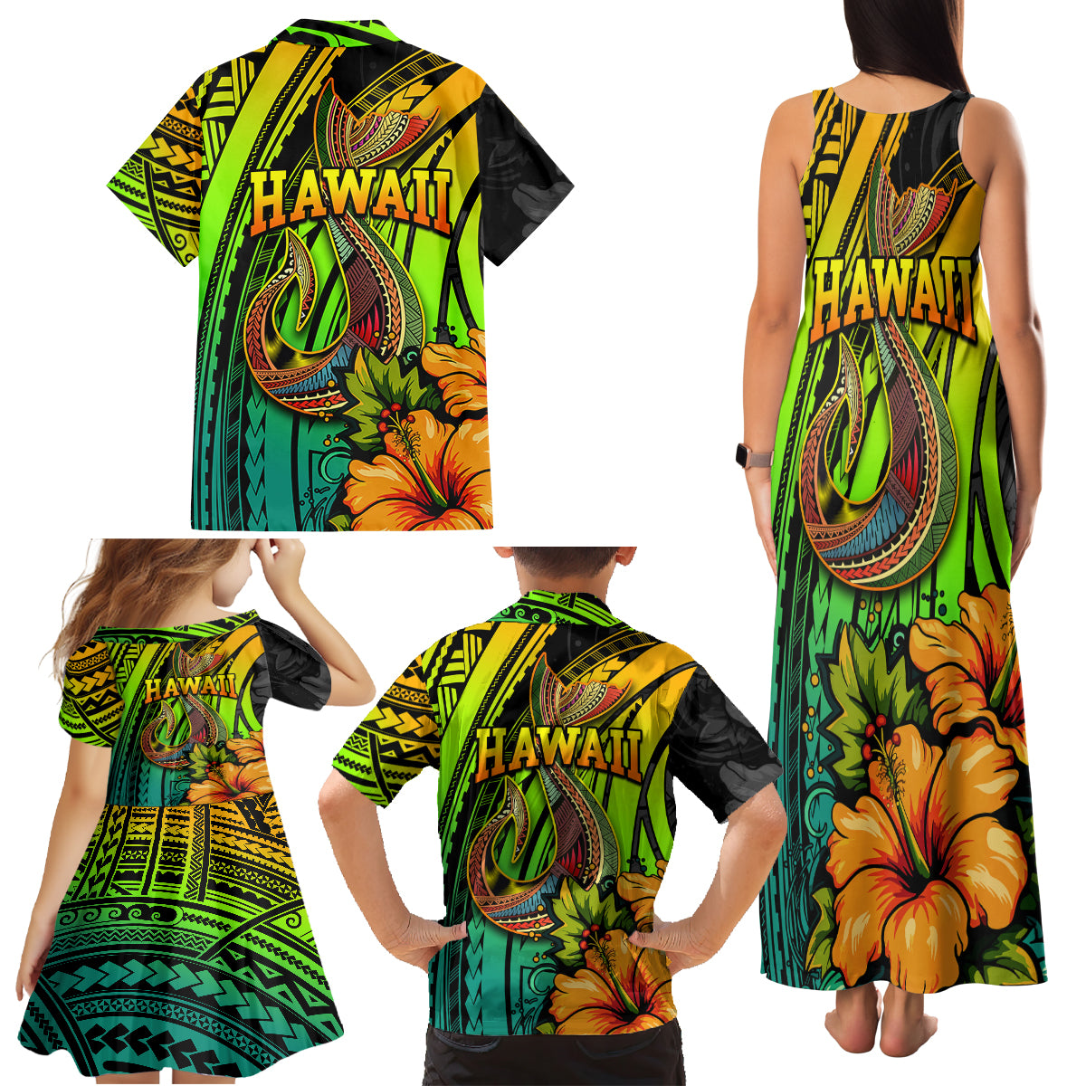 Hawaii Family Matching Tank Maxi Dress and Hawaiian Shirt Polynesian Fish Hook and Hibiscus Flowers with Gradient Pattern TS04 - Polynesian Pride