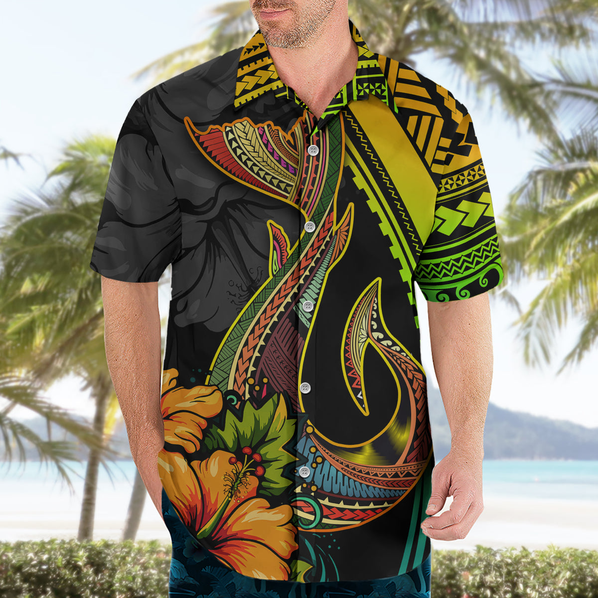 Hawaii Hawaiian Shirt Polynesian Fish Hook and Hibiscus Flowers with Gradient Pattern TS04 - Polynesian Pride