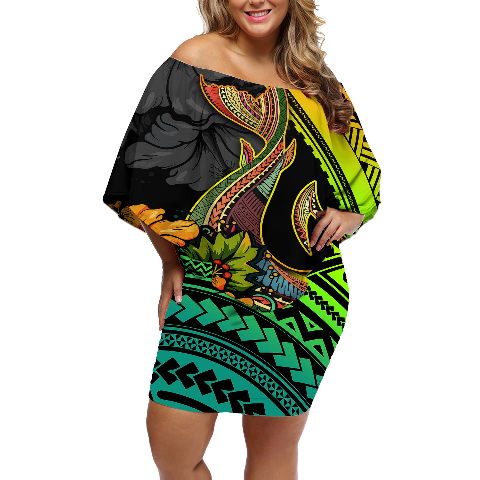 Hawaii Off Shoulder Short Dress Polynesian Fish Hook and Hibiscus Flowers with Gradient Pattern TS04 Women Multicolor - Polynesian Pride