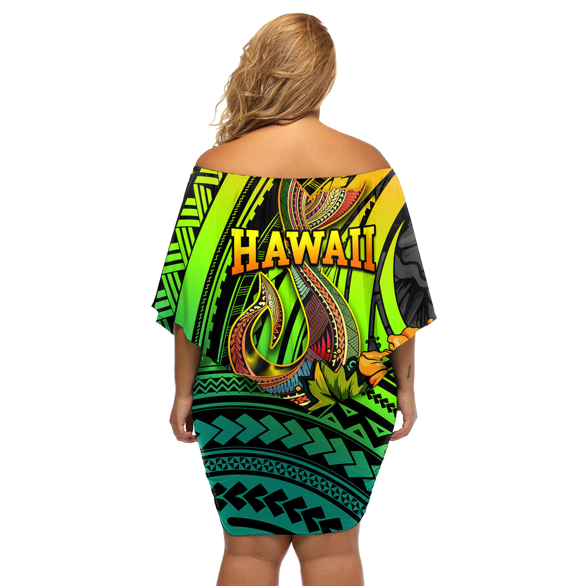 Hawaii Off Shoulder Short Dress Polynesian Fish Hook and Hibiscus Flowers with Gradient Pattern TS04 - Polynesian Pride