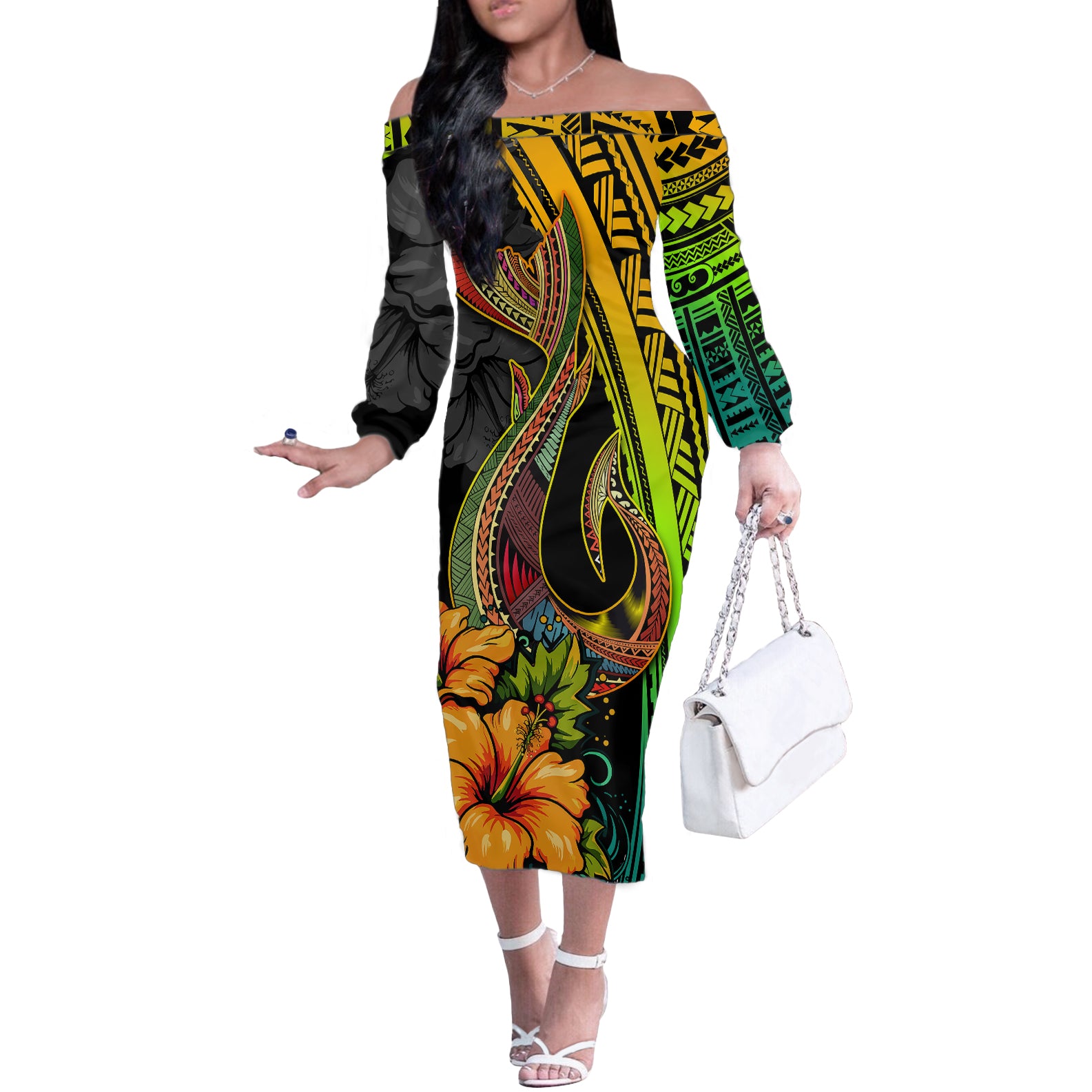 Hawaii Off The Shoulder Long Sleeve Dress Polynesian Fish Hook and Hibiscus Flowers with Gradient Pattern TS04 Women Multicolor - Polynesian Pride