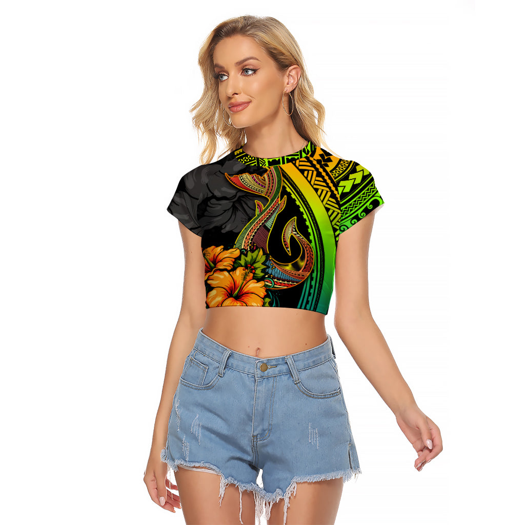 Hawaii Raglan Cropped T Shirt Polynesian Fish Hook and Hibiscus Flowers with Gradient Pattern TS04 Female Multicolor - Polynesian Pride