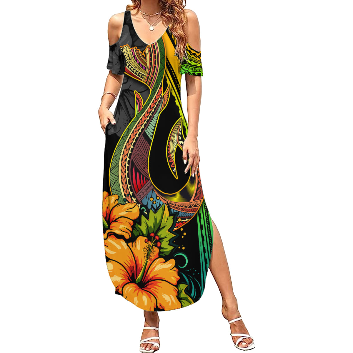 Hawaii Summer Maxi Dress Polynesian Fish Hook and Hibiscus Flowers with Gradient Pattern TS04 Women Multicolor - Polynesian Pride