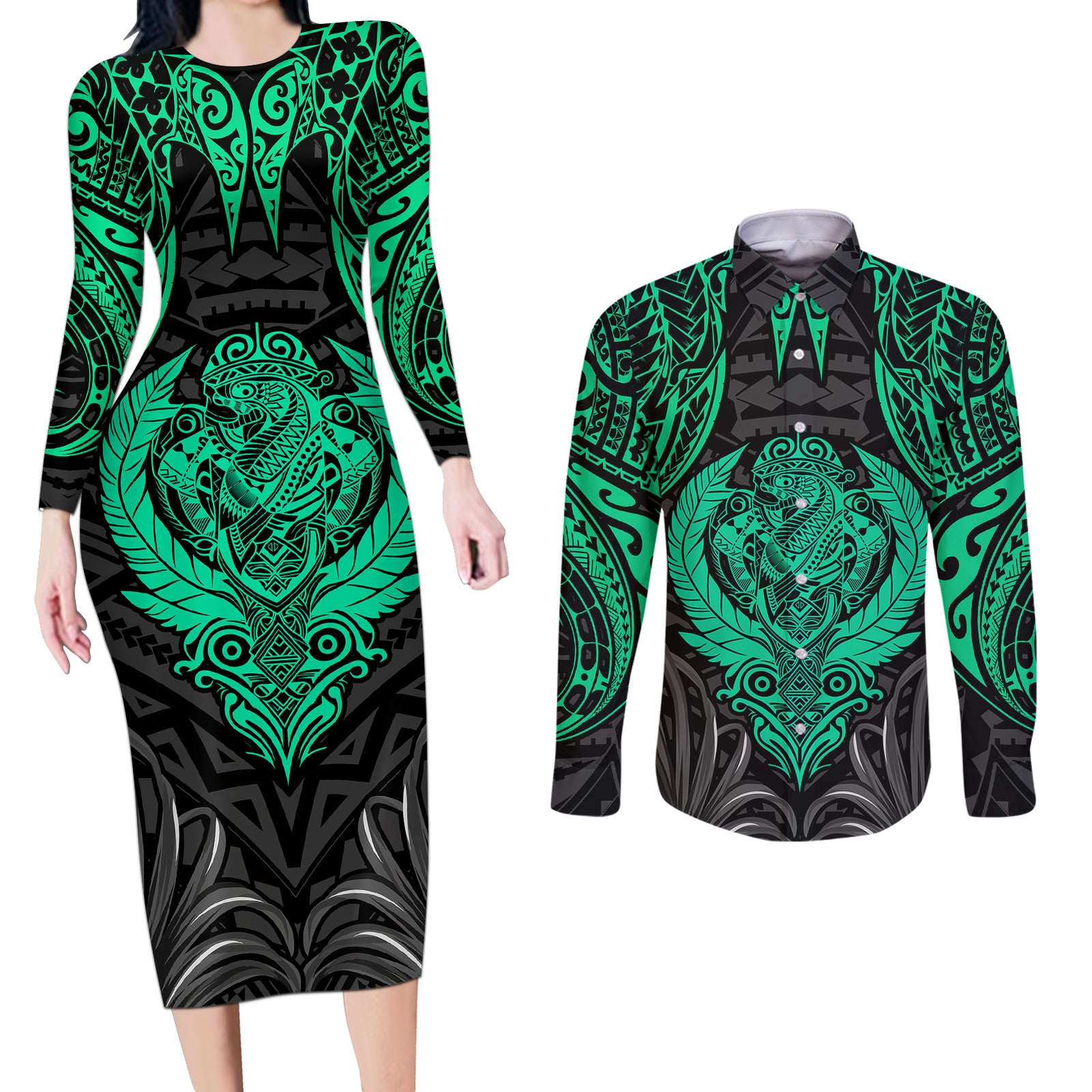 Polynesian Couples Matching Long Sleeve Bodycon Dress and Long Sleeve Button Shirts Abstract Tiki TS04 Black Yellow - Polynesian Pride