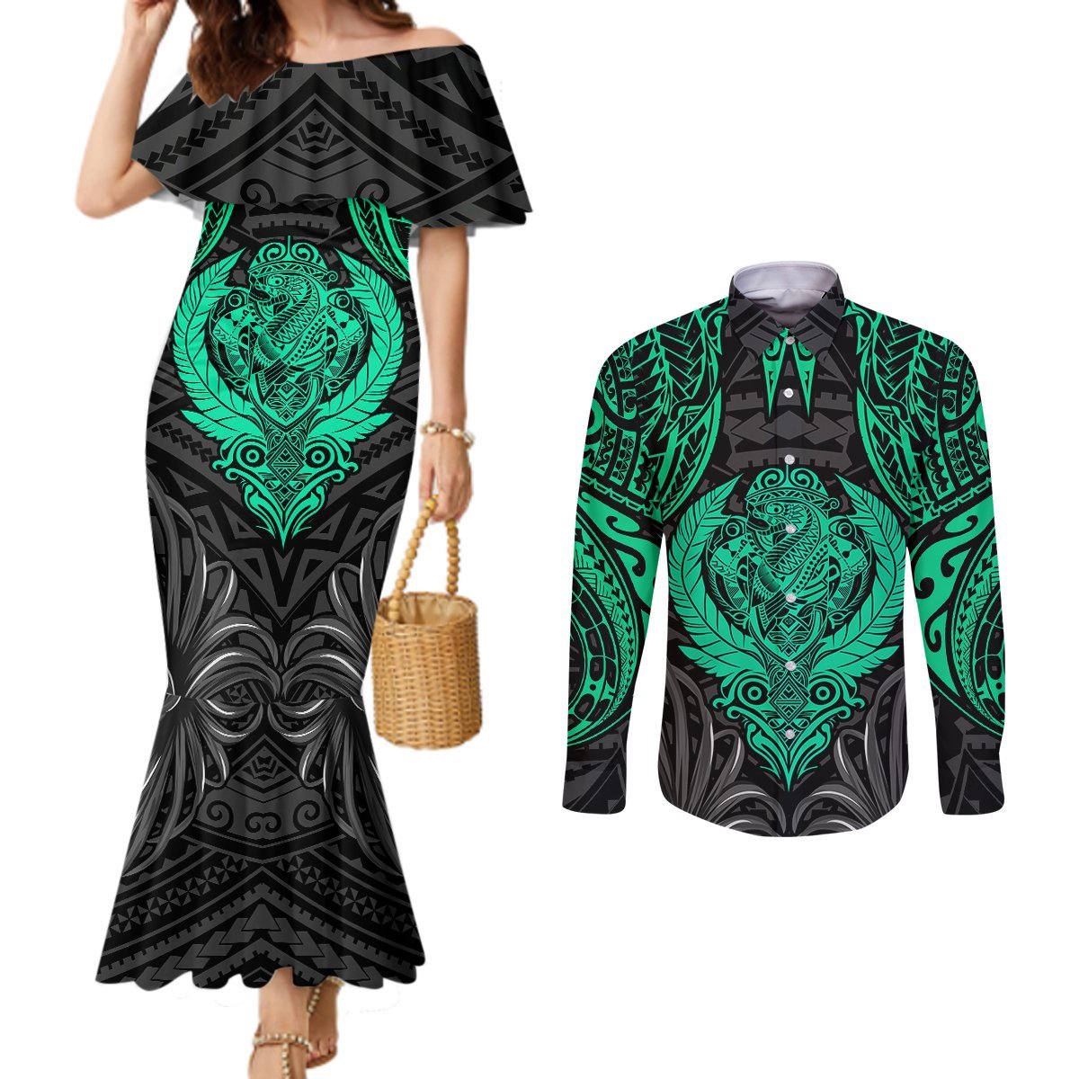 Polynesian Couples Matching Mermaid Dress and Long Sleeve Button Shirts Abstract Tiki TS04 Black Yellow - Polynesian Pride