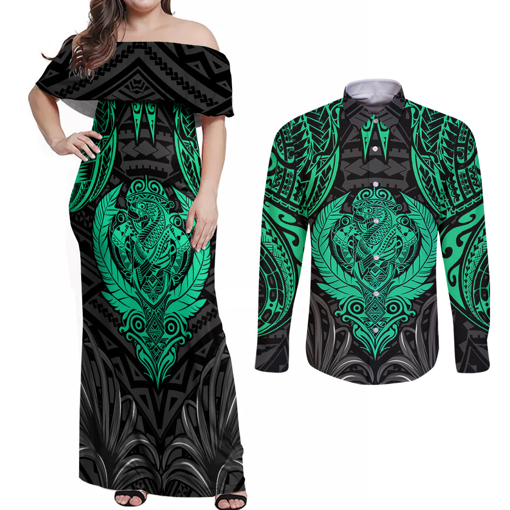 Polynesian Couples Matching Off Shoulder Maxi Dress and Long Sleeve Button Shirts Abstract Tiki TS04 Black Yellow - Polynesian Pride