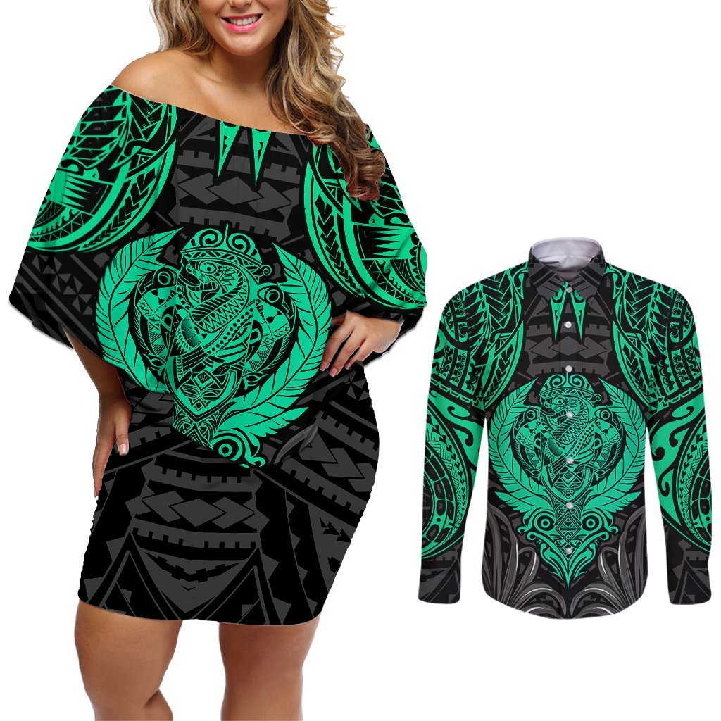 Polynesian Couples Matching Off Shoulder Short Dress and Long Sleeve Button Shirts Abstract Tiki TS04 Black Yellow - Polynesian Pride