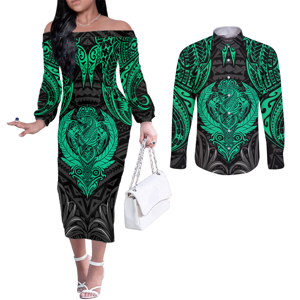 Polynesian Couples Matching Off The Shoulder Long Sleeve Dress and Long Sleeve Button Shirts Abstract Tiki TS04 Black Yellow - Polynesian Pride