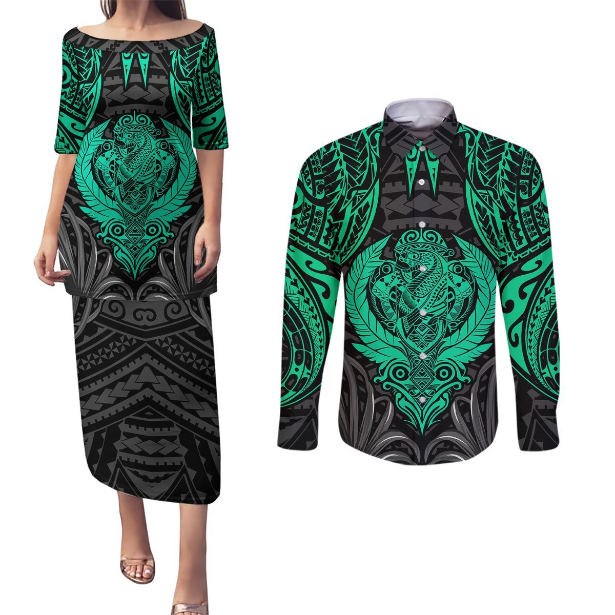 Polynesian Couples Matching Puletasi Dress and Long Sleeve Button Shirts Abstract Tiki TS04 Black Yellow - Polynesian Pride