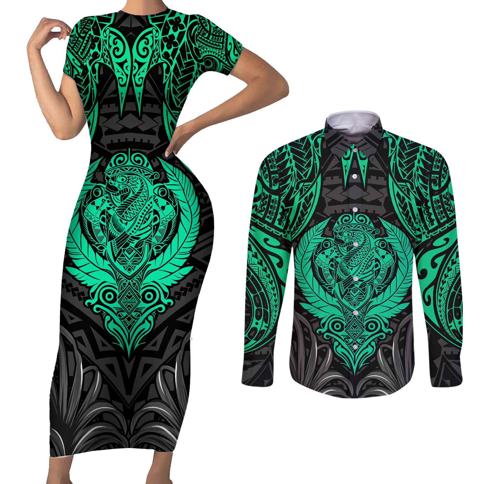 Polynesian Couples Matching Short Sleeve Bodycon Dress and Long Sleeve Button Shirts Abstract Tiki TS04 Black Yellow - Polynesian Pride