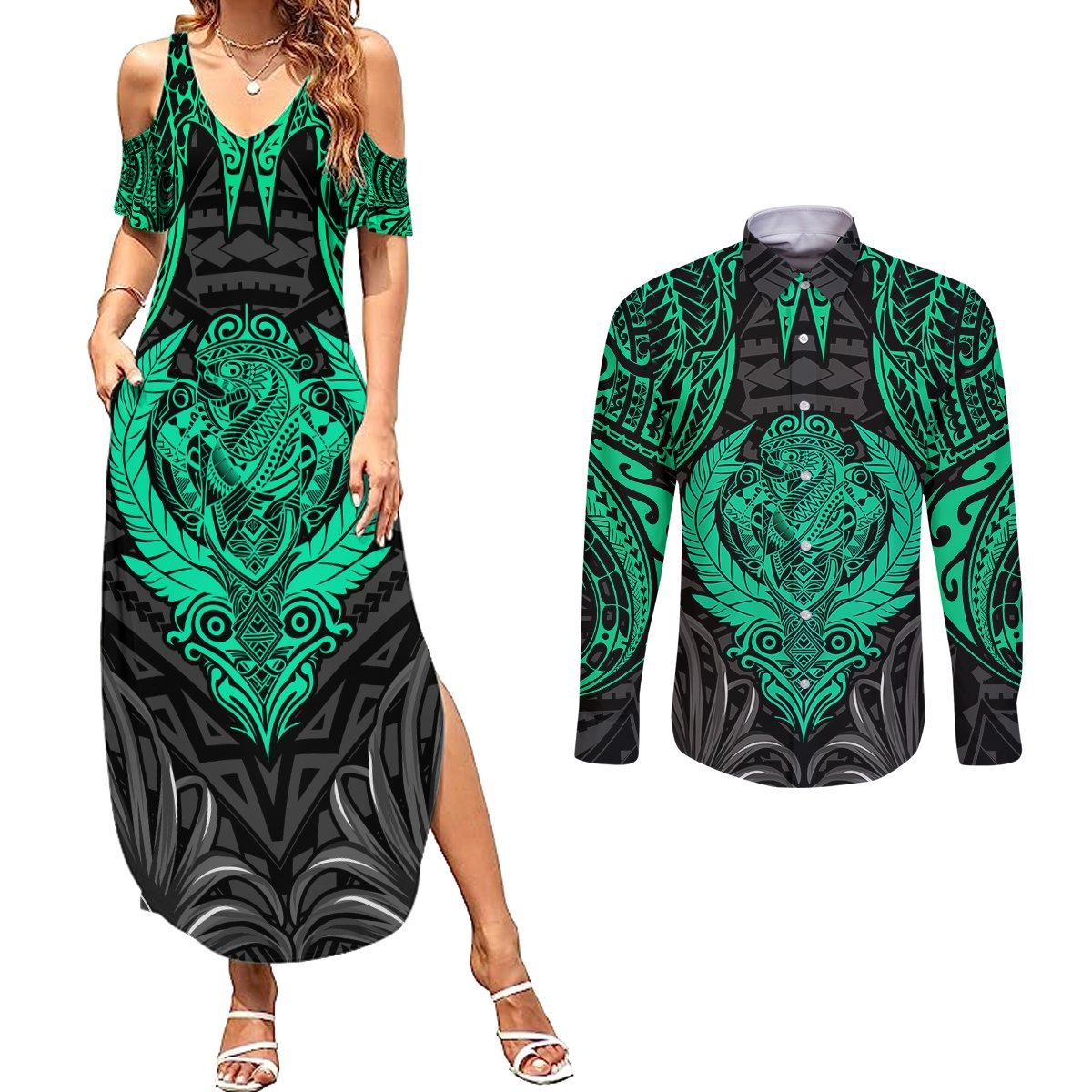 Polynesian Couples Matching Summer Maxi Dress and Long Sleeve Button Shirts Abstract Tiki TS04 Black Yellow - Polynesian Pride