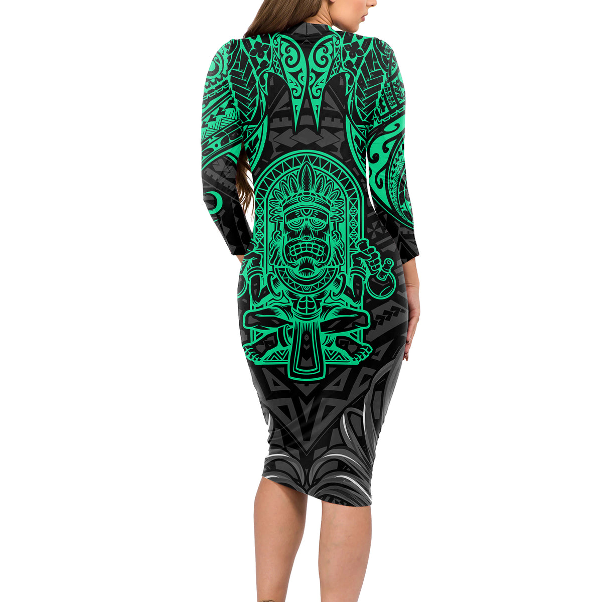 Polynesian Long Sleeve Bodycon Dress Abstract Tiki TS04 - Polynesian Pride