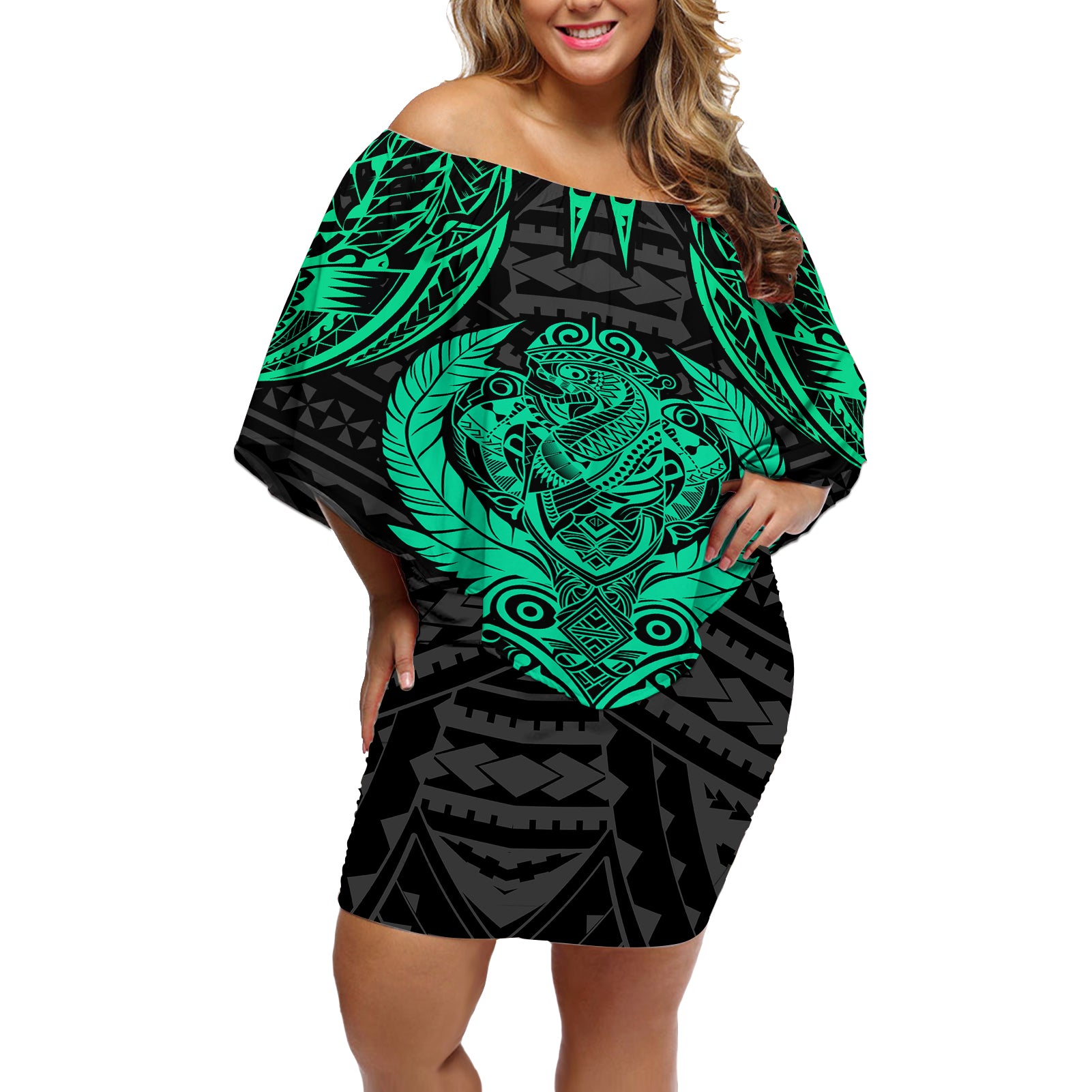 Polynesian Off Shoulder Short Dress Abstract Tiki TS04 Women Black/Yellow - Polynesian Pride