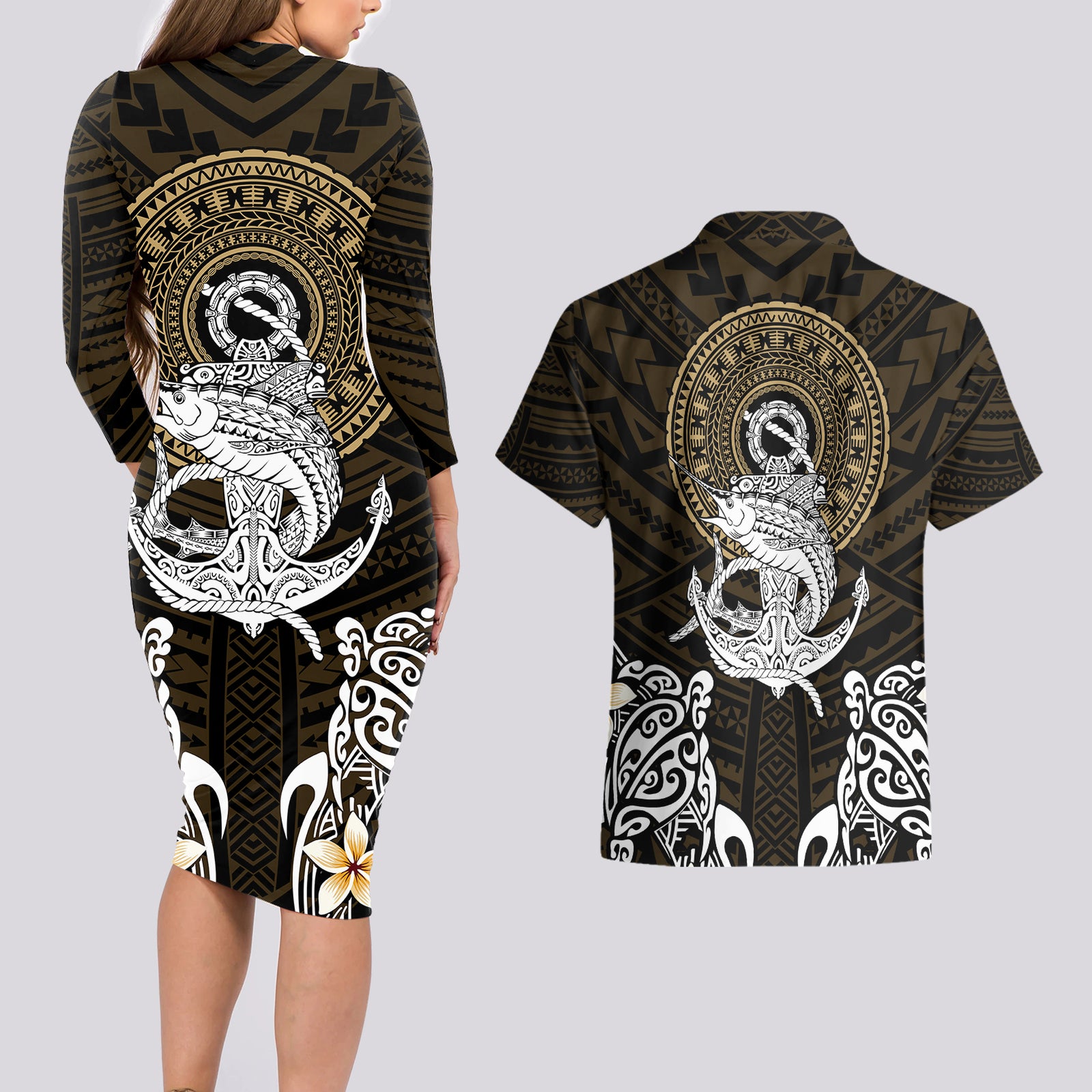 Polynesian Swordfish Couples Matching Long Sleeve Bodycon Dress and Hawaiian Shirt with Anchor Pattern and Tribal Turtle TS04 Multicolor - Polynesian Pride