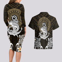 Polynesian Swordfish Couples Matching Long Sleeve Bodycon Dress and Hawaiian Shirt with Anchor Pattern and Tribal Turtle TS04 Multicolor - Polynesian Pride