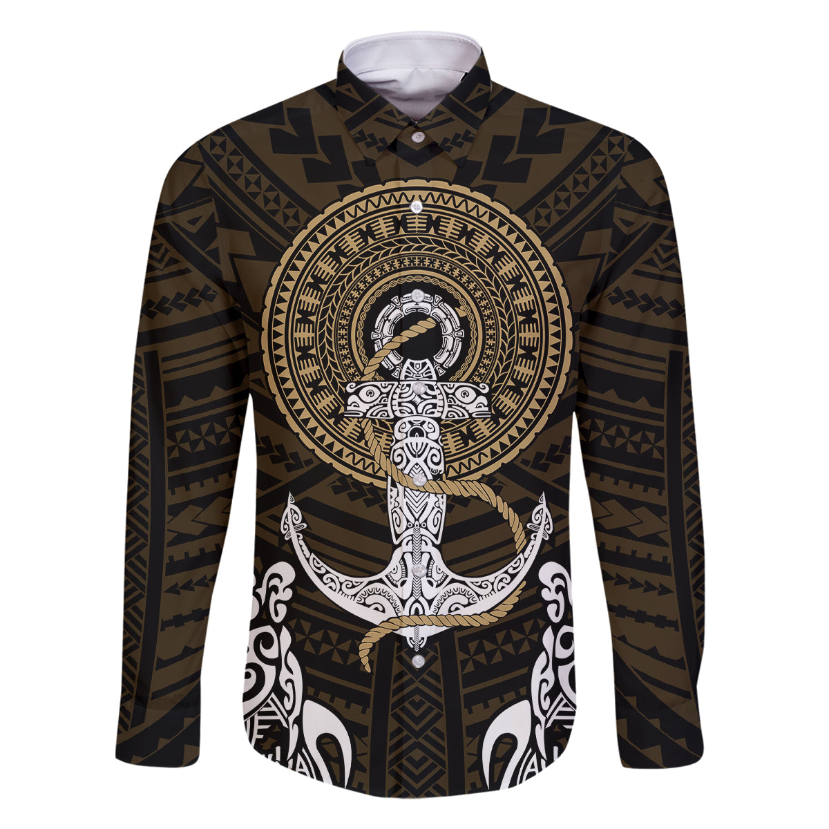 Polynesian Swordfish Family Matching Long Sleeve Bodycon Dress and Hawaiian Shirt with Anchor Pattern and Tribal Turtle TS04 Dad's Shirt - Long Sleeve Multicolor - Polynesian Pride