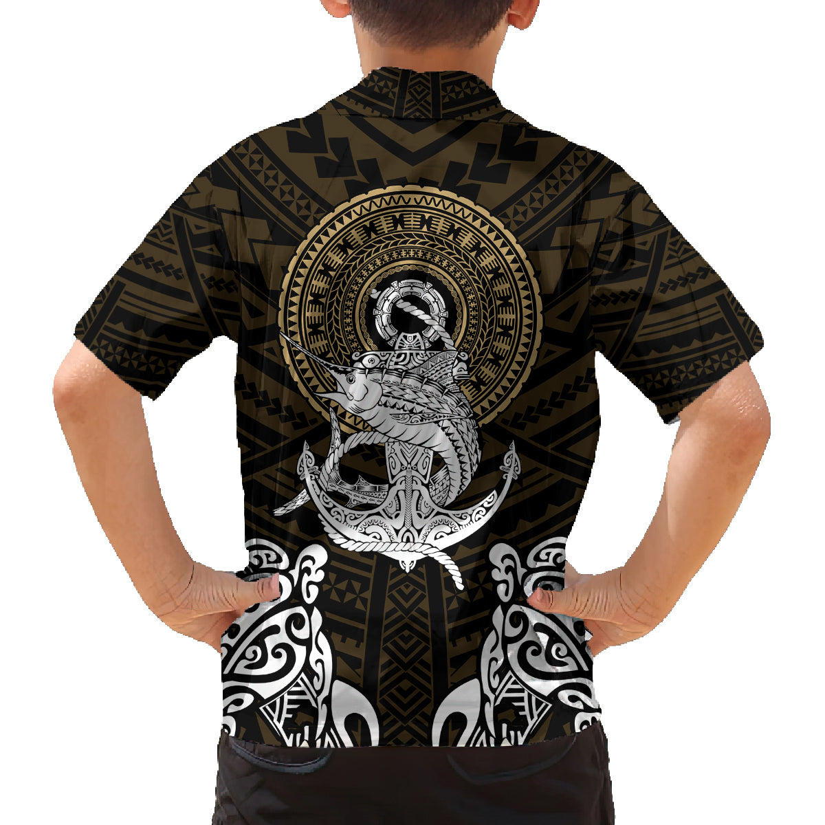 Polynesian Swordfish Family Matching Off Shoulder Long Sleeve Dress and Hawaiian Shirt with Anchor Pattern and Tribal Turtle TS04 - Polynesian Pride