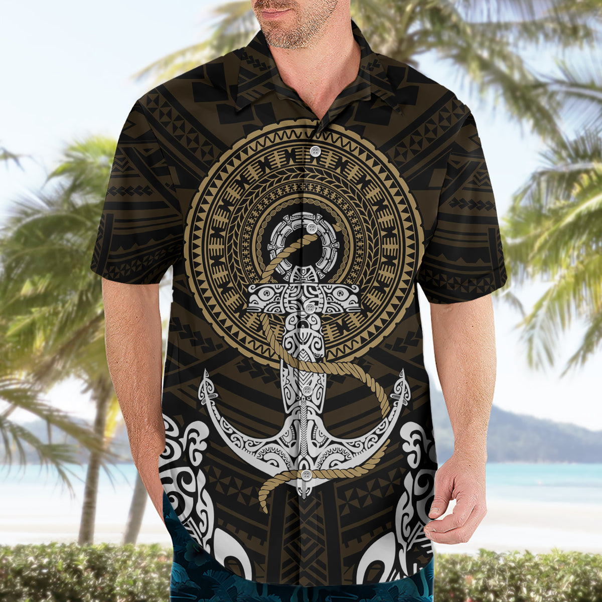 Polynesian Swordfish Hawaiian Shirt with Anchor Pattern and Tribal Turtle TS04 - Polynesian Pride