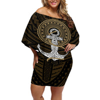 Polynesian Swordfish Off Shoulder Short Dress with Anchor Pattern and Tribal Turtle TS04 - Polynesian Pride