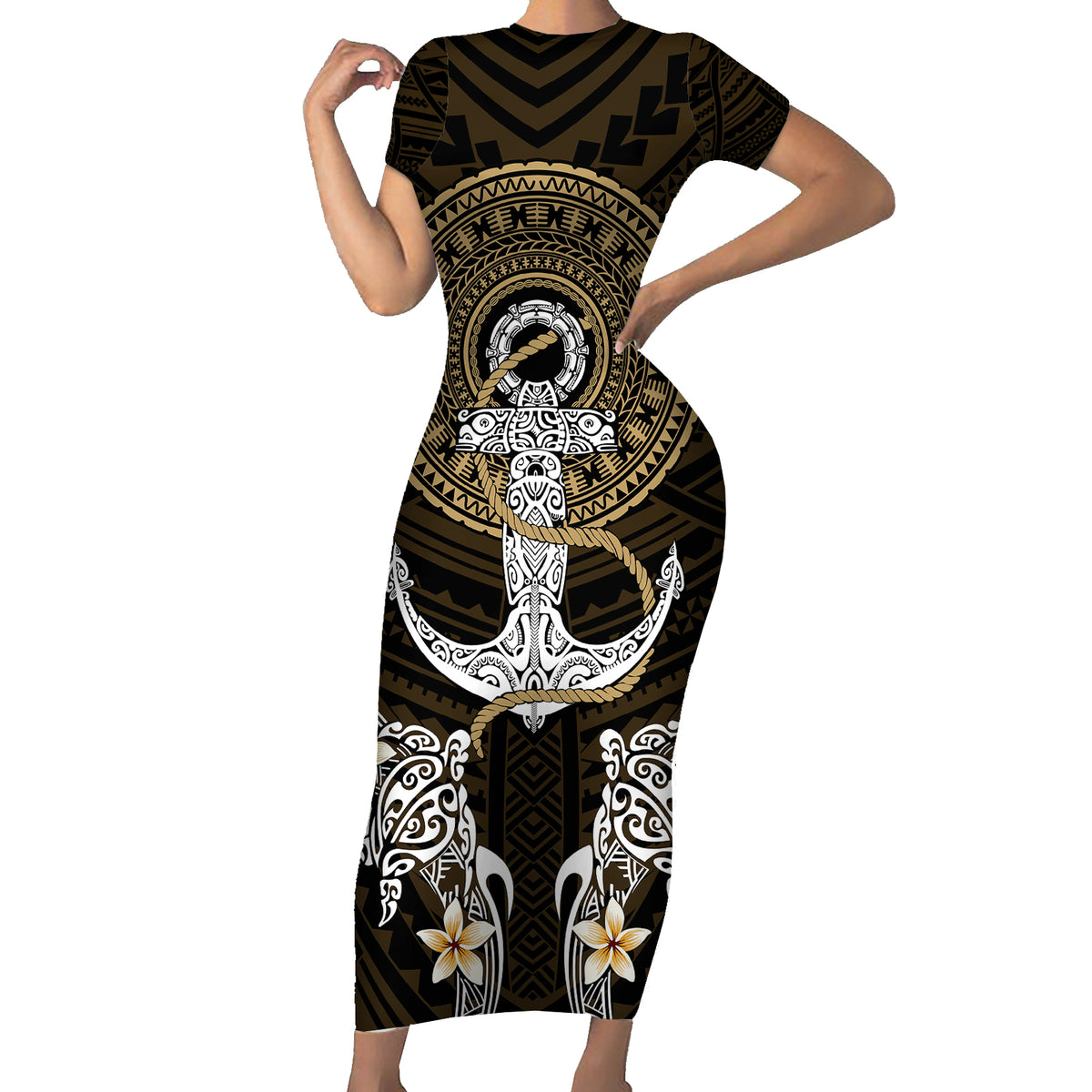 Polynesian Swordfish Short Sleeve Bodycon Dress with Anchor Pattern and Tribal Turtle TS04 - Polynesian Pride