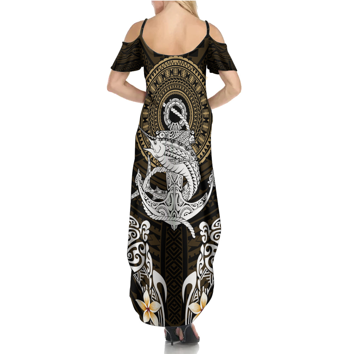 Polynesian Swordfish Summer Maxi Dress with Anchor Pattern and Tribal Turtle TS04 Women Multicolor - Polynesian Pride