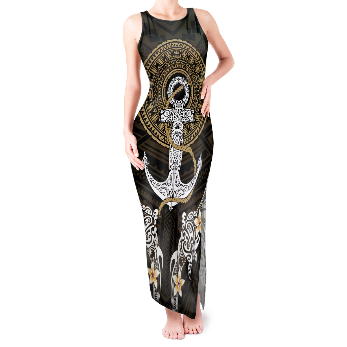 Polynesian Swordfish Tank Maxi Dress with Anchor Pattern and Tribal Turtle TS04 - Polynesian Pride