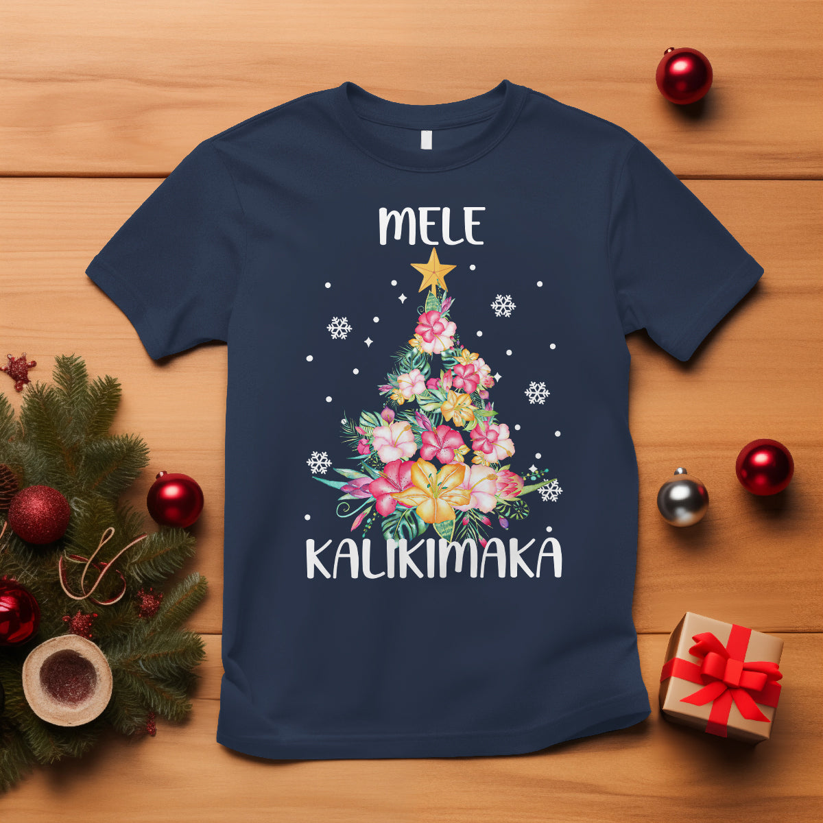 Mele Kalikimaka Hawaiian Christmas Tree Tropical Flower T Shirt TS09 Navy - Polynesian Pride