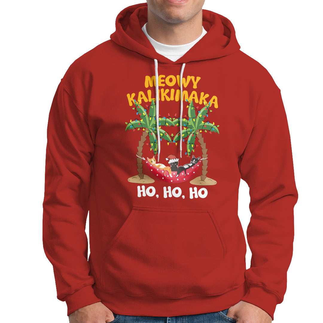 Christmas In Hawaii Hoodie Meowy Kalikimaka Cat Chillin' Ho Ho Ho Xmas Palm Tree TS09 Red - Polynesian Pride