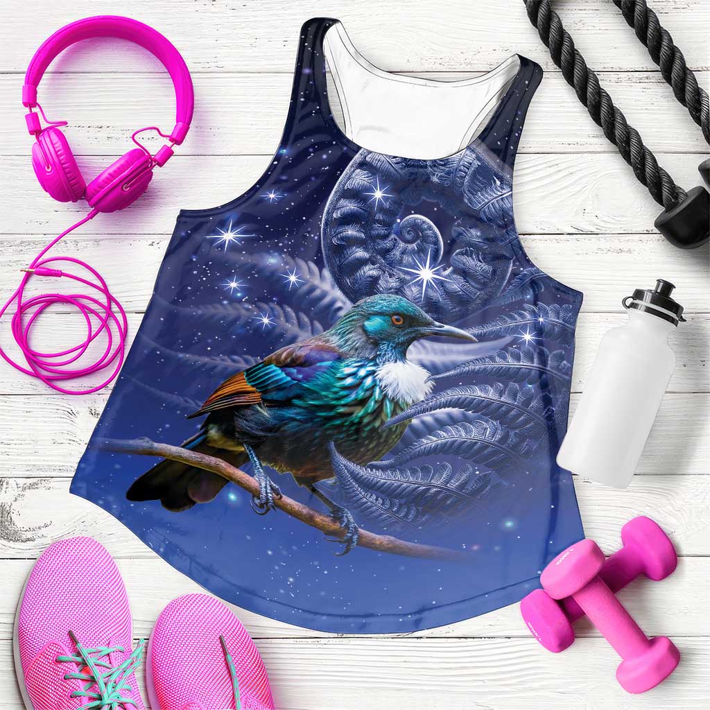 Tui Bird Matariki Galaxy Women Racerback Tank Koru Silver Fern Aotearoa