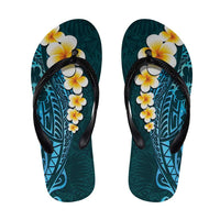 Turquoise Polynesia Flip Flops Plumeria Tropical Leaves Galaxy Polynesian Art - Polynesian Pride