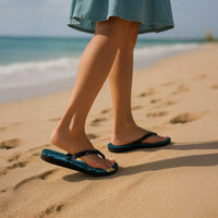 Turquoise Polynesia Flip Flops Plumeria Tropical Leaves Galaxy Polynesian Art - Polynesian Pride