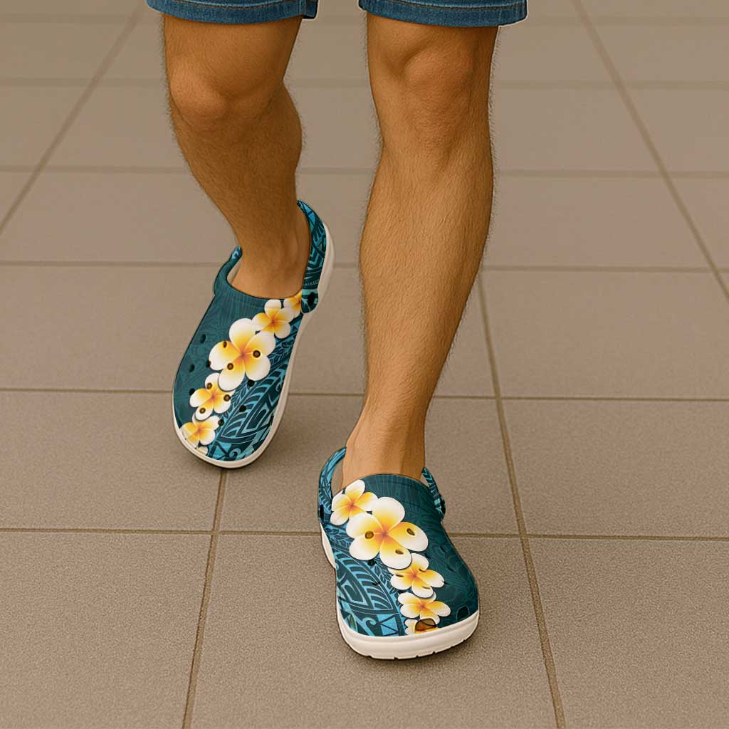 Turquoise Tropical Plumeria With Galaxy Polynesian Art Clogs Shoes