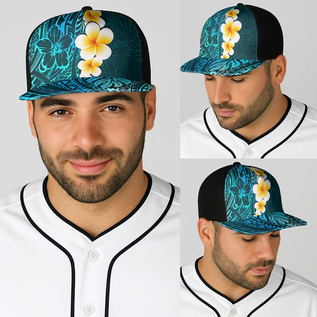 Turquosie Polynesia Baseball Net Cap Plumeria Tropical Leaves With Galaxy Polynesian Art - Polynesian Pride