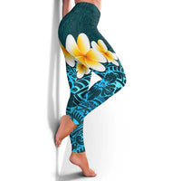 Turquosie Polynesia Leggings Plumeria Tropical Leaves With Galaxy Polynesian Art - Polynesian Pride
