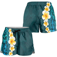 Turquosie Polynesia Shorts for Women Plumeria Tropical Leaves With Galaxy Polynesian Art - Polynesian Pride