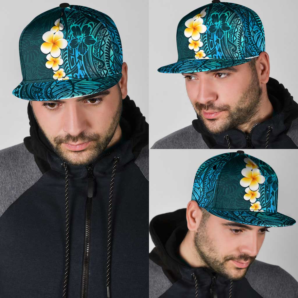 Turquosie Polynesia Snapback Cap Plumeria Tropical Leaves With Galaxy Polynesian Art - Polynesian Pride