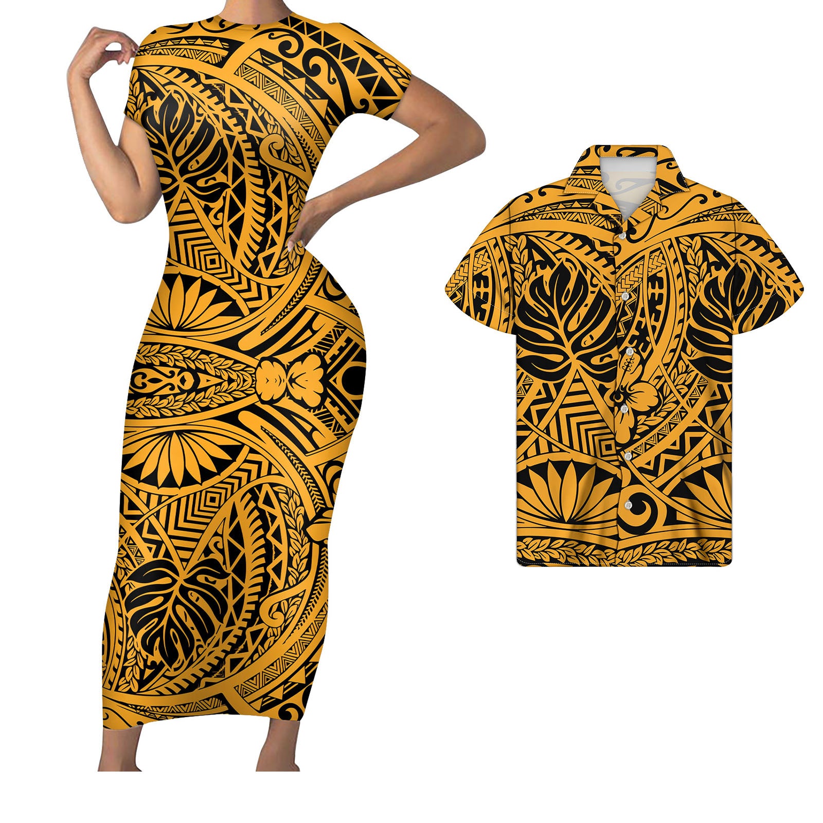 Polynesian Pride Hawaii Matching Outfit For Couples Tropical Palm Leaf Hawaii Floral Yellow Bodycon Dress And Hawaii Shirt - Polynesian Pride