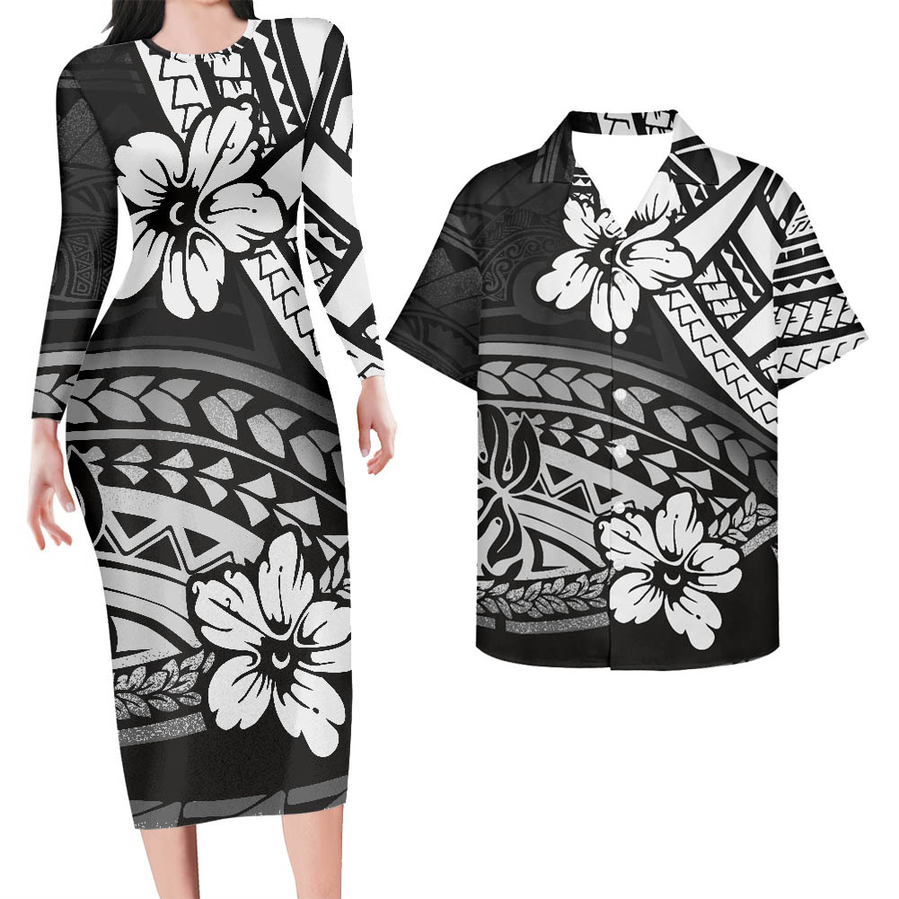 Polynesian Pride Hawaii Matching Outfit For Couples Hawaii Flowers Tattoo Curve Style Bodycon Dress And Hawaii Shirt - Polynesian Pride