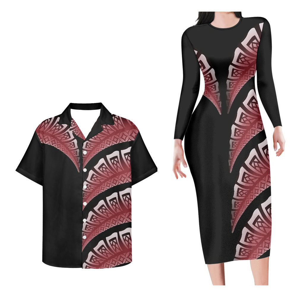 Polynesian Pride Hawaii Matching Outfit For Couples Polynesian Tattoo Leaf Pattern Bodycon Dress And Black Hawaii Shirt - Polynesian Pride