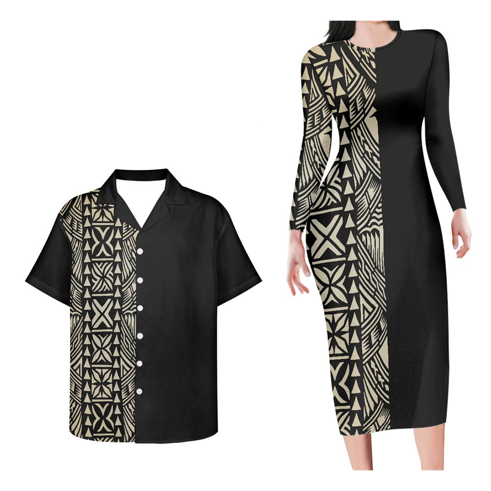 Polynesian Pride Matching Outfit For Couples Polynesian Tribal Haft Style Bodycon Dress And Hawaii Shirt - Polynesian Pride