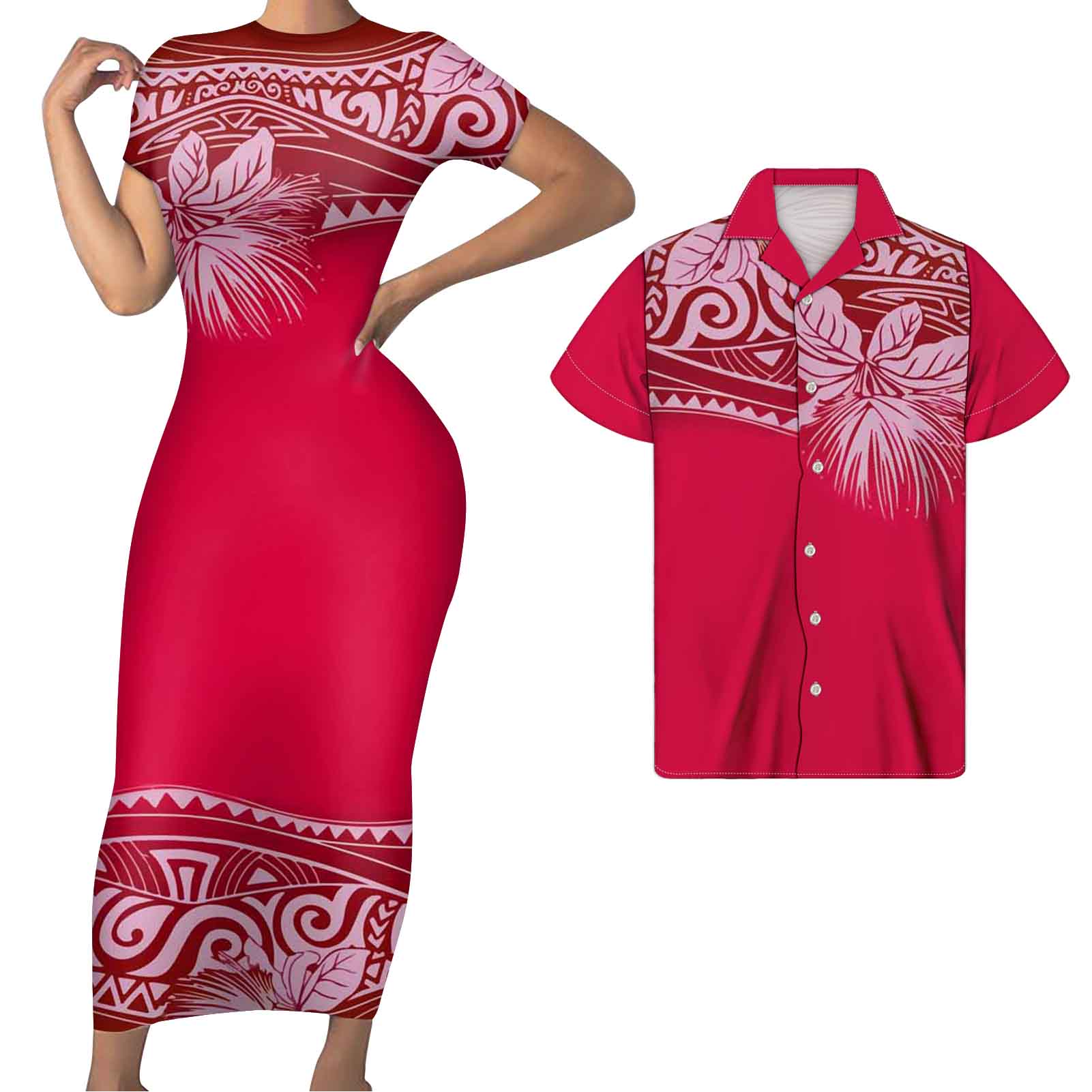 Polynesian Pride Hawaii Matching Outfit For Couples Hawaii Flowers Red Bodycon Dress And Hawaii Shirt - Polynesian Pride