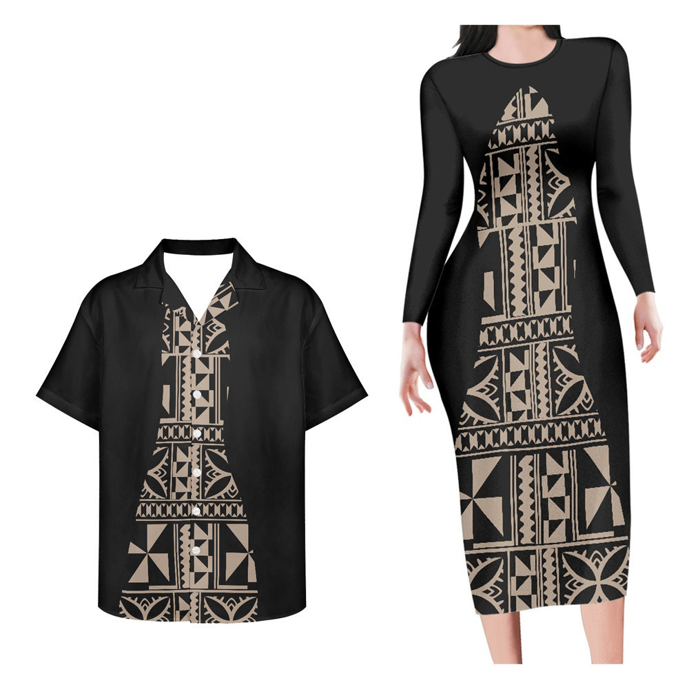 Polynesian Pride Matching Clothes For Couples Polynesian Tribal Black Bodycon Dress And Hawaii Shirt - Polynesian Pride