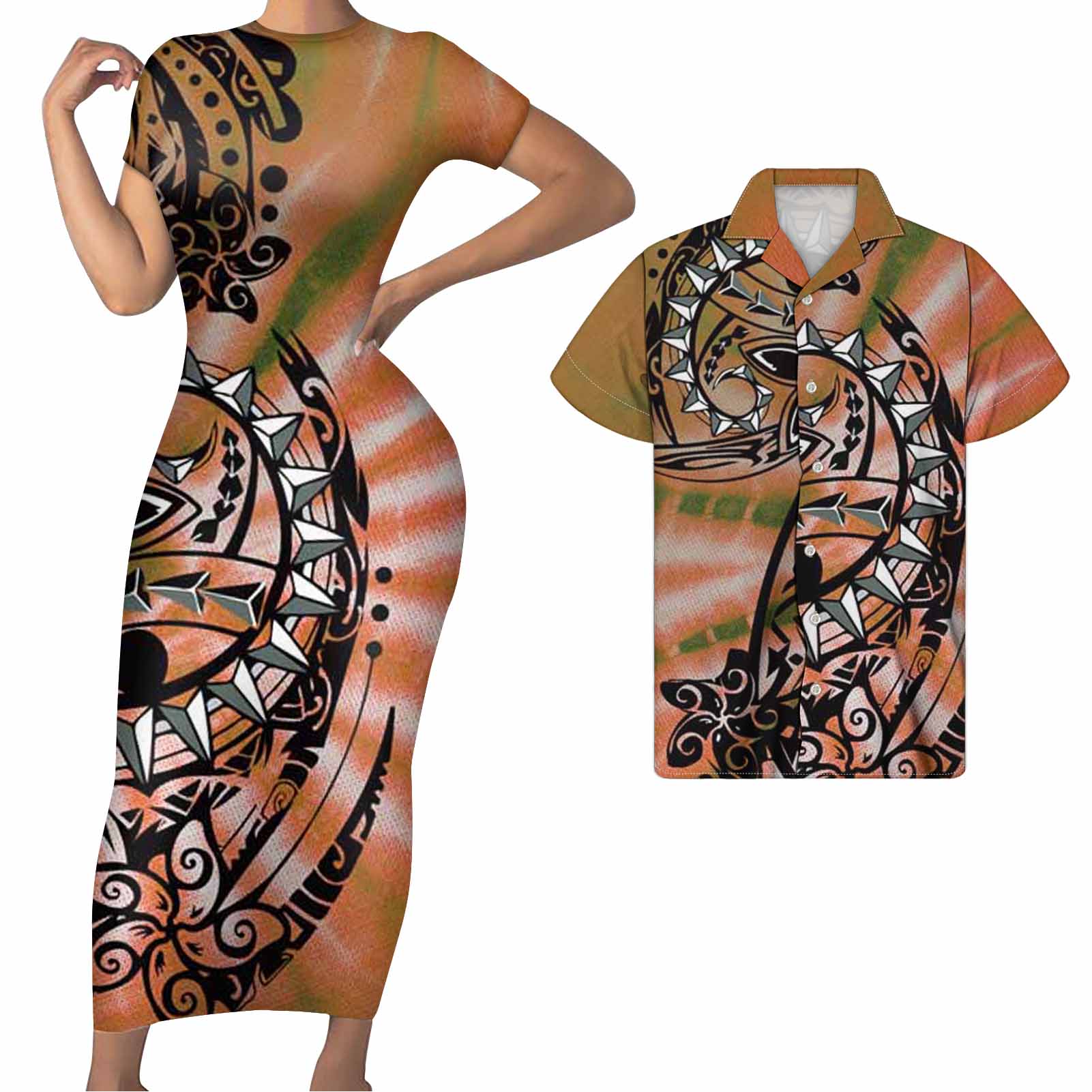 Polynesian Pride Matching Clothes For Couples Hawaii Flowers Tattoo Pattern Brown Bodycon Dress And Hawaii Shirt - Polynesian Pride