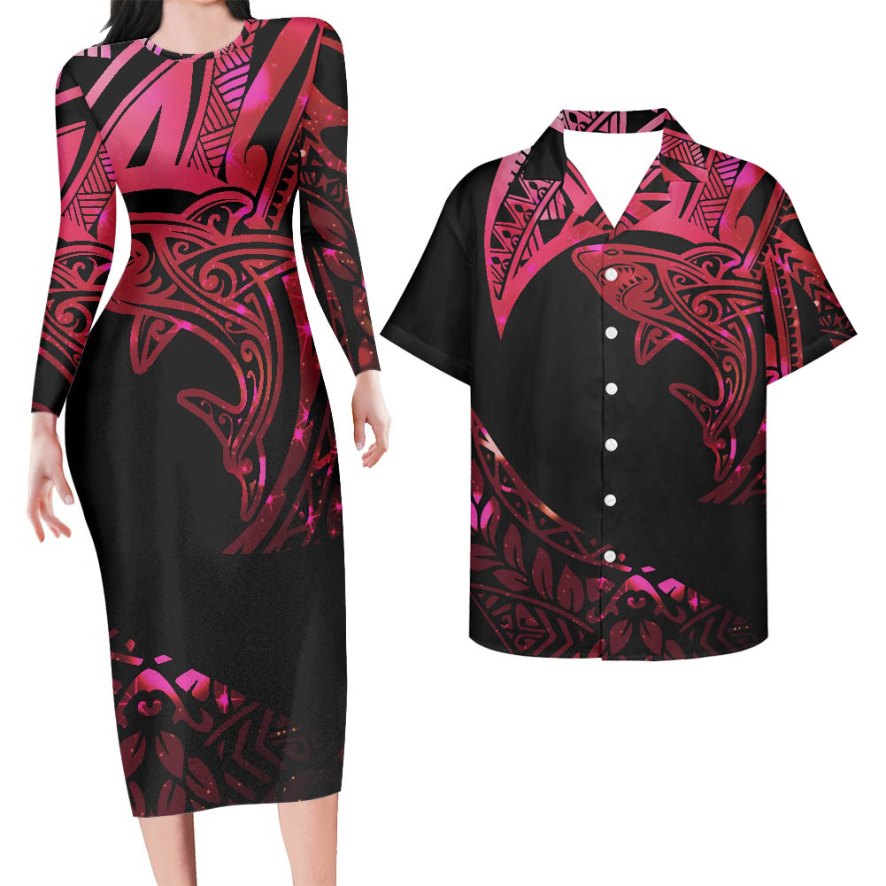 Polynesian Pride Hawaii Matching Outfit For Couples Hawaii Shark Tattoo Bodycon Dress And Hawaii Shirt - Polynesian Pride